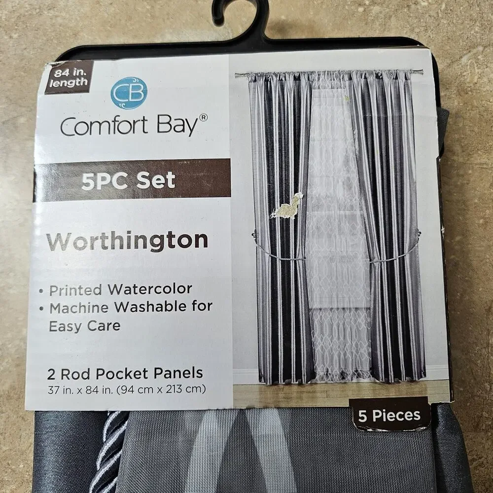 Comfort Bay 5 Pc Curtain‎ Set Worthington 37X84 Window Treatment Sheer + Panels